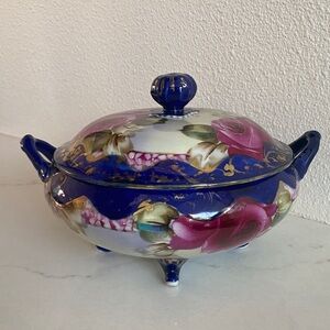 Antique Hand Painted Nippon Porcelain Bowl with Lid. Floral Rose Gold Design.